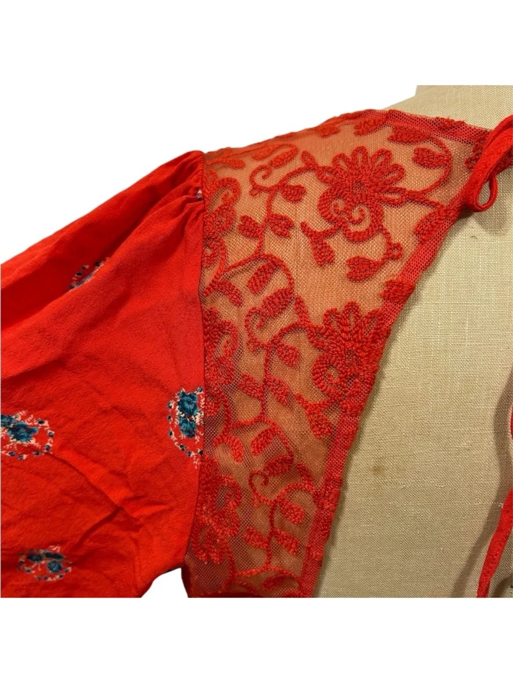 FREE PEOPLE Women Mocking Bird Backless Coral Red Lace Floral Mini Dress size 12 - Picture 13 of 15